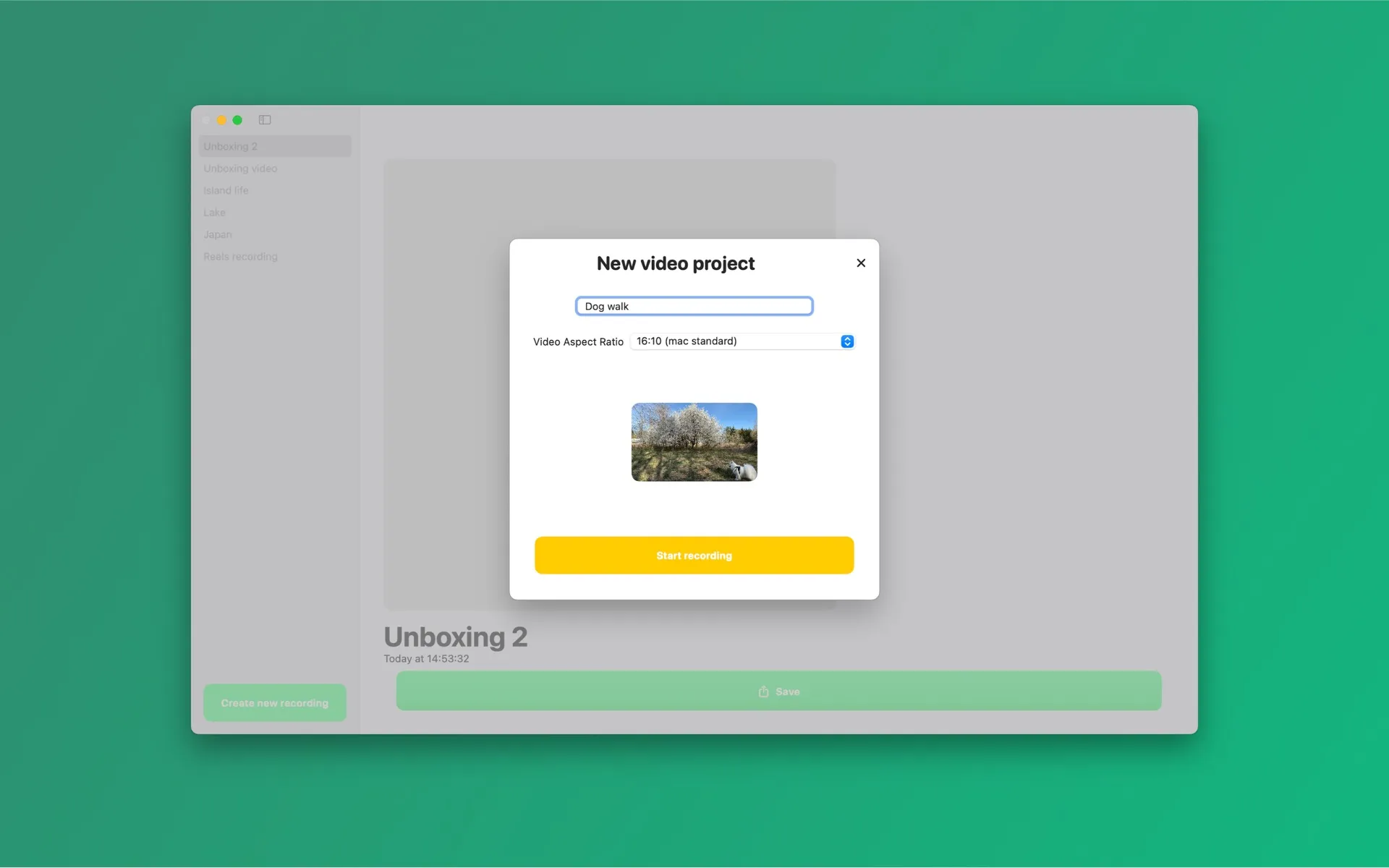 Creating a new video project in Background Eraser for Mac: project name, aspect ratio selection and a chosen background image